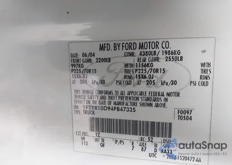 2004 Ford Ranger Xl/Xlt из США, поврежденный, VIN 1FTYR10D94PB47335